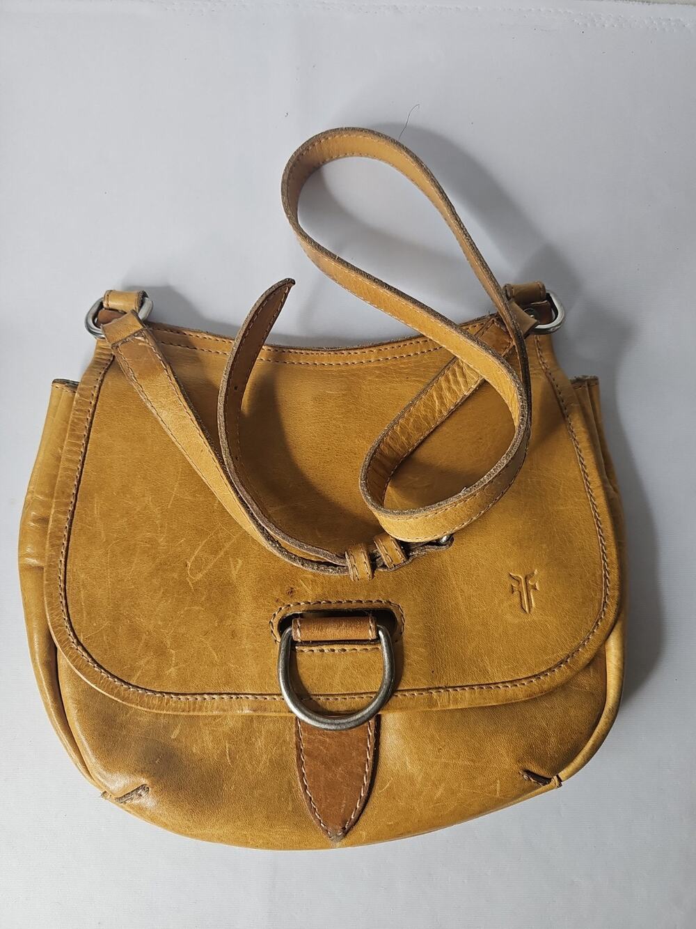 FRYE Women's Lucy crossbody bag, purse, saddle bag, brown leather, Brass D Ring